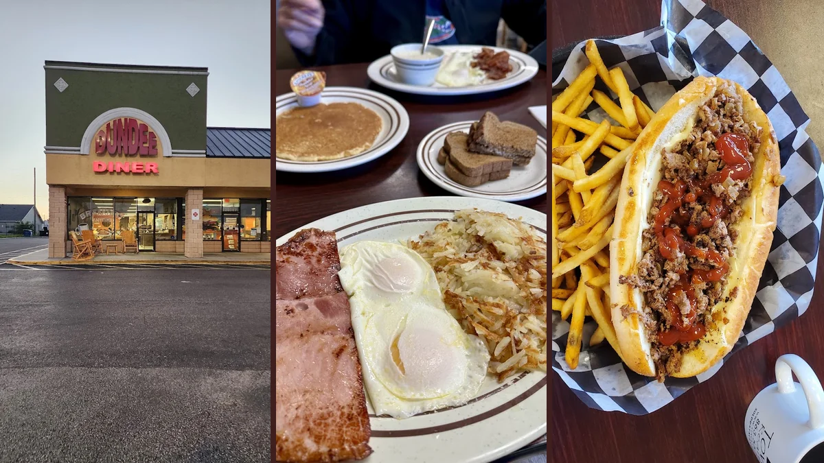 Breakfast plates on a diner table.