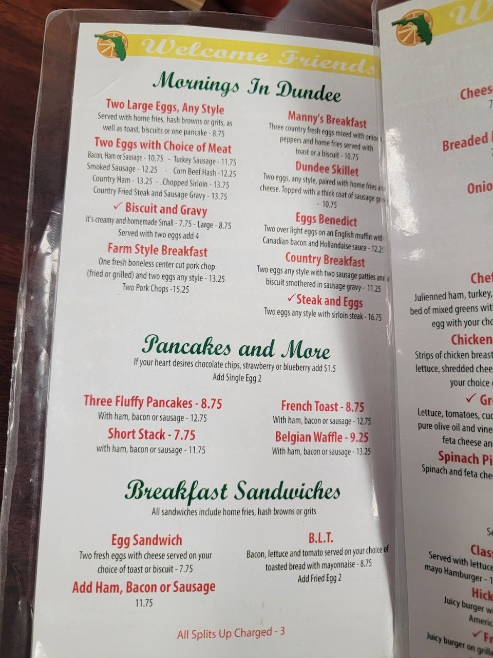 Printed menu with breakfast and lunch choices.