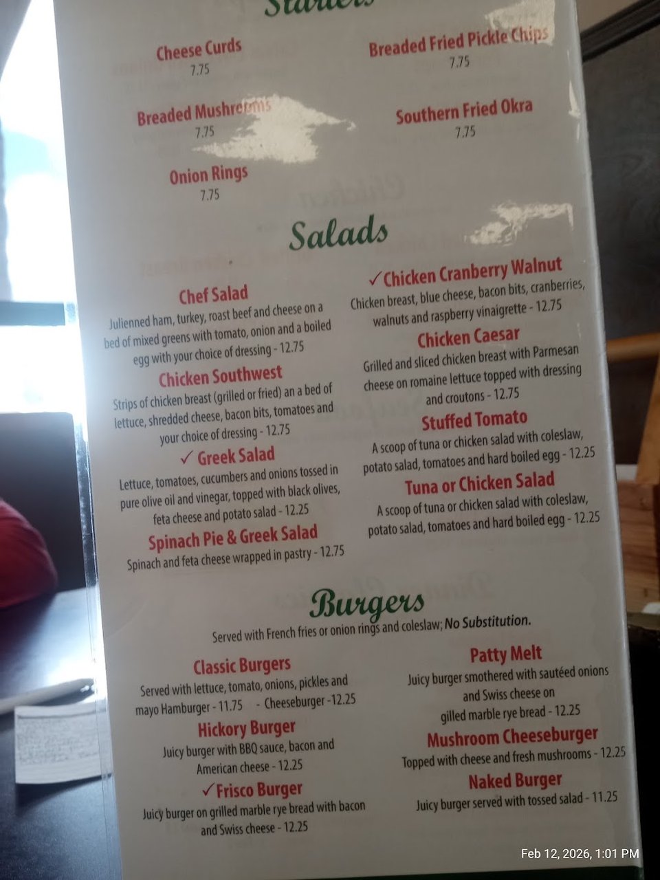 Diner menu featuring biscuits and gravy.